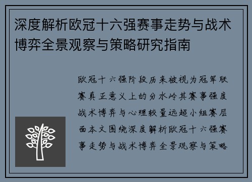 深度解析欧冠十六强赛事走势与战术博弈全景观察与策略研究指南