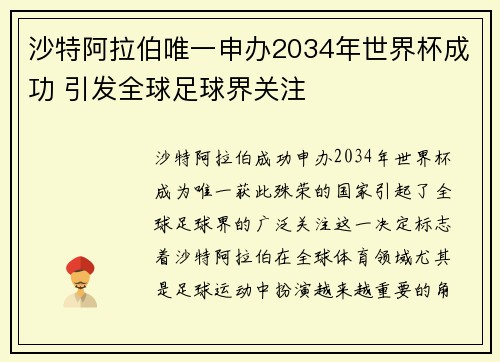 沙特阿拉伯唯一申办2034年世界杯成功 引发全球足球界关注